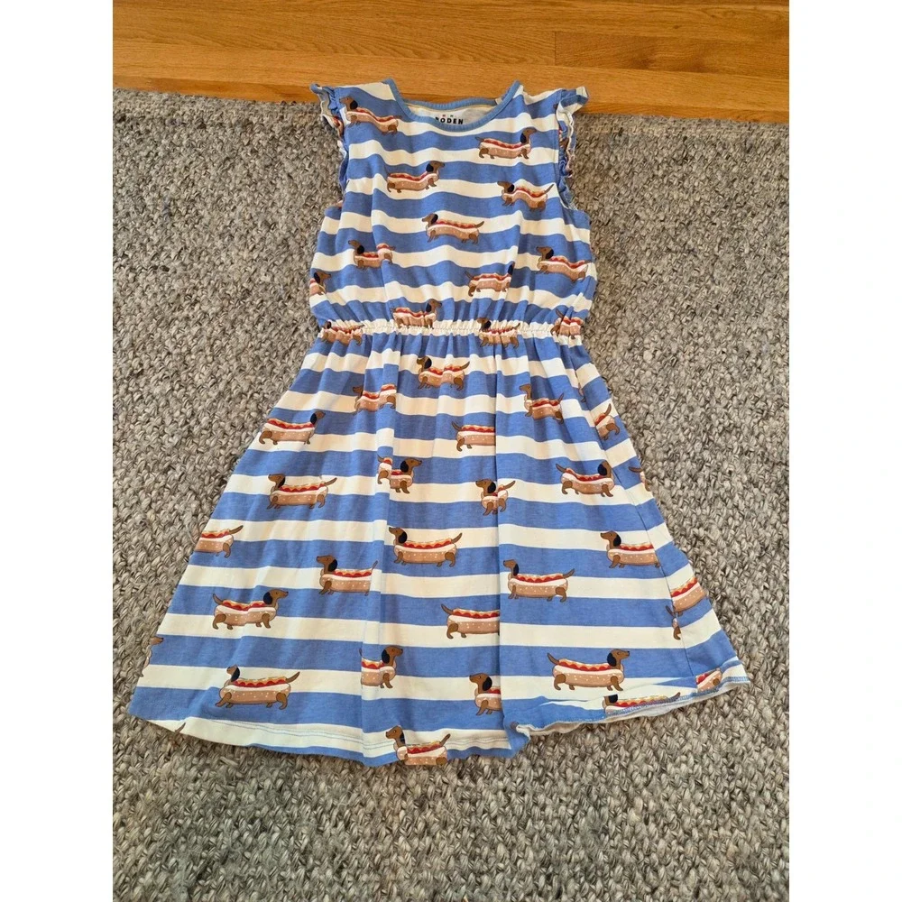 Mini Boden Blue Stripe Dress Dachshund Weiner Dog Cotton Jersey Girls 11-12